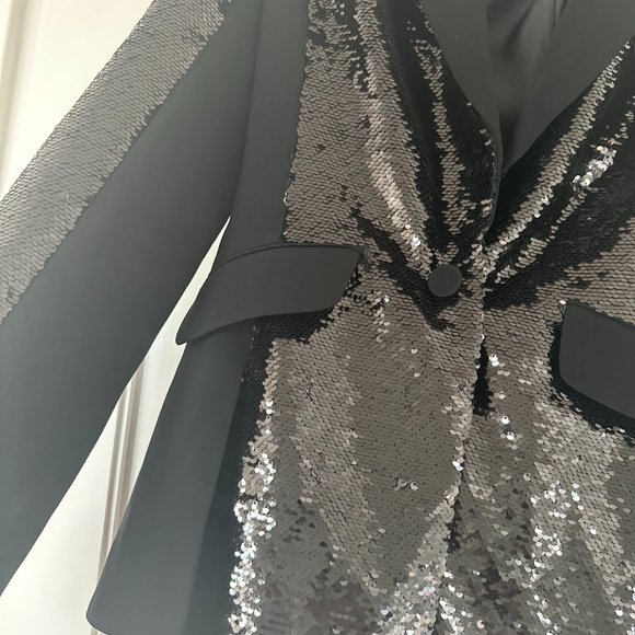 Cinq à Sept Sequins Blazer Jacket Complementary Satin Lapel Collar Black - Picture 6 of 8